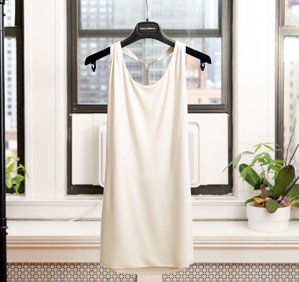 Gucci Grey Viscose Draped Cowl Open Back Metal Chain Mini Dress Tunic (M)